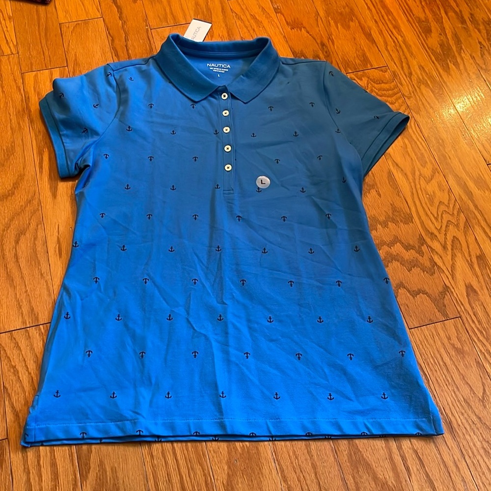 Nautica Royal Blue Anchor Print Polo Shirt | Nautical Coastal Preppy | Size L